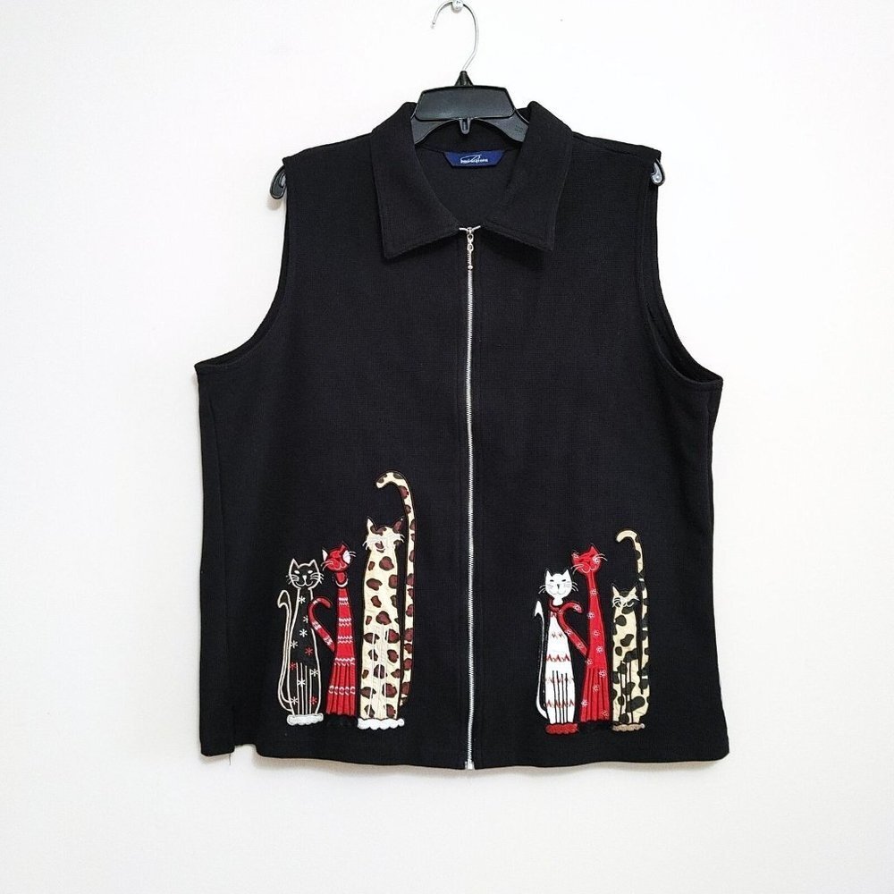 Penningtons Cat Vest Size 1X Black Sleeveless Full Zip Vest